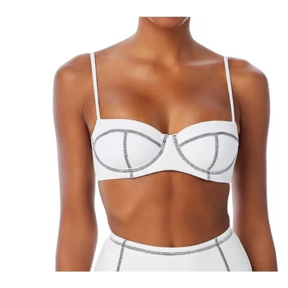 Onia Flora Bikini Top SZ Small Crinkle Texture White Black Pushup Swim Beach NWT
